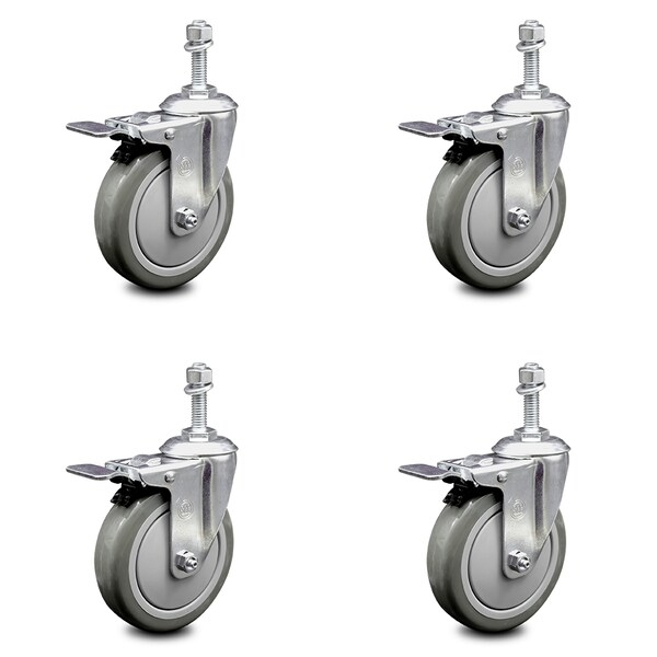 Service Caster 5 Inch Gray Polyurethane Swivel 3/8 Inch Stem Caster Set with Total Lock Brake SCC-TSTTL20S514-PPUB-381615-4 - main